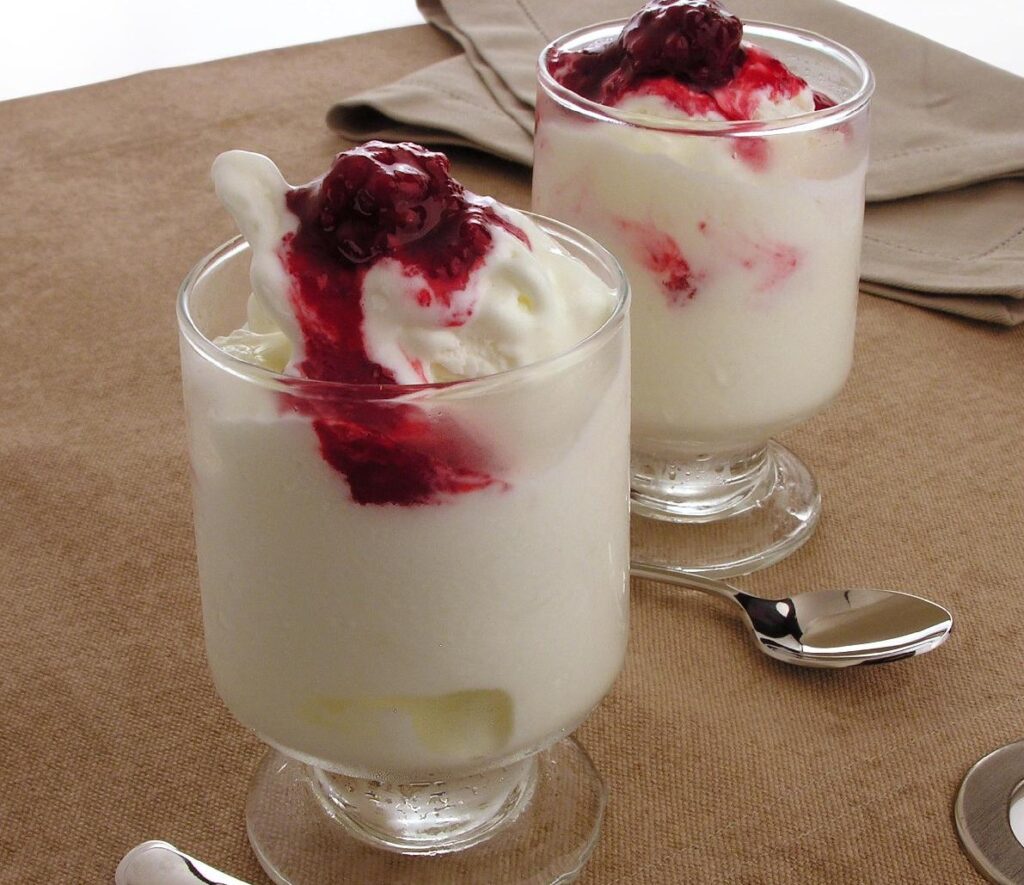 Aprenda a fazer um delicioso frozen de iogurte com calda de frutas